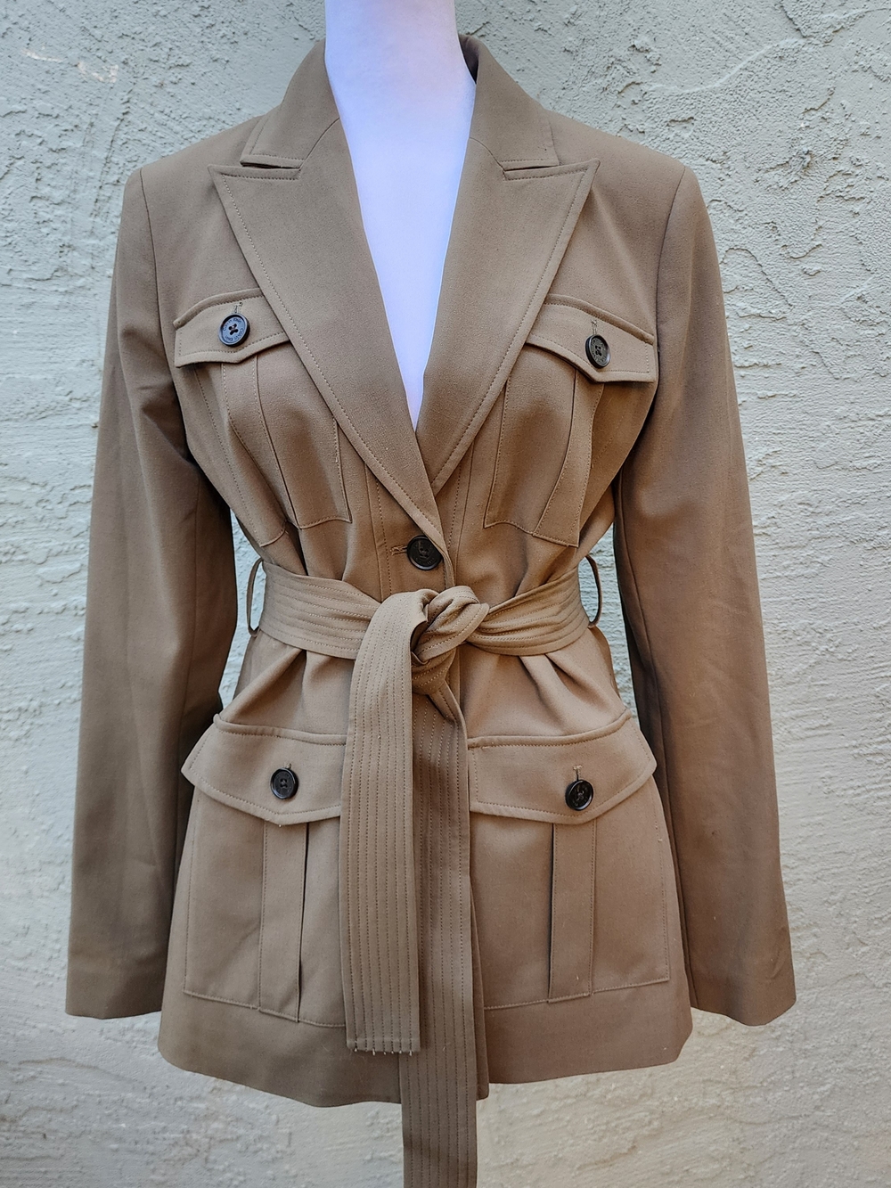Calvin Klein Khaki Tan Belted Safari Blazer Jacket Utility Cargo Size 6 - Picture 1 of 16